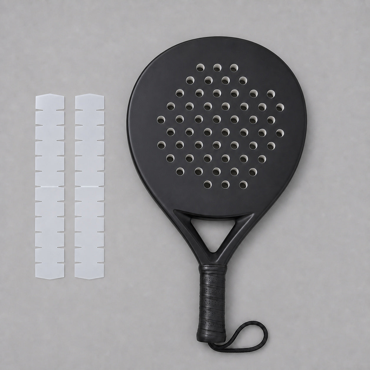PadelRevive Clear Racket Protector — scale next to a padel racket
